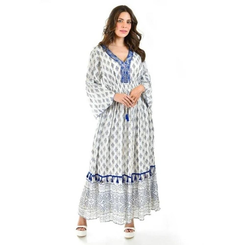 Me 2 Magic Women's White & Blue Floral V-Neck Tassels Sequin Maxi Dress Size S